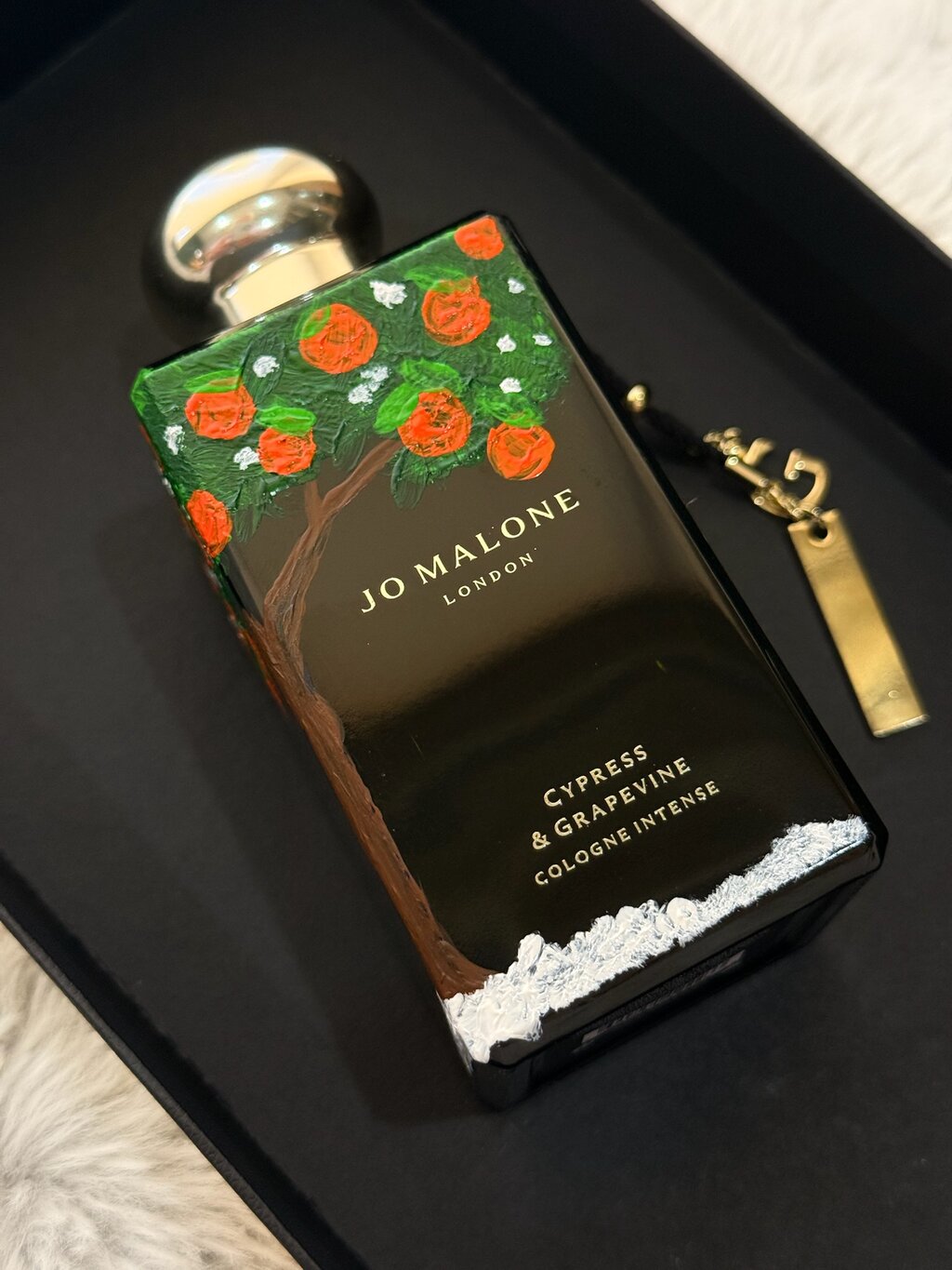 Hand-painted Jo Malone Cypress & Grapevine bottle in black box