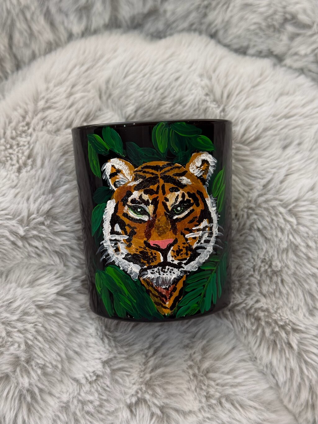 Hand-painted tiger on Jo Malone black candle