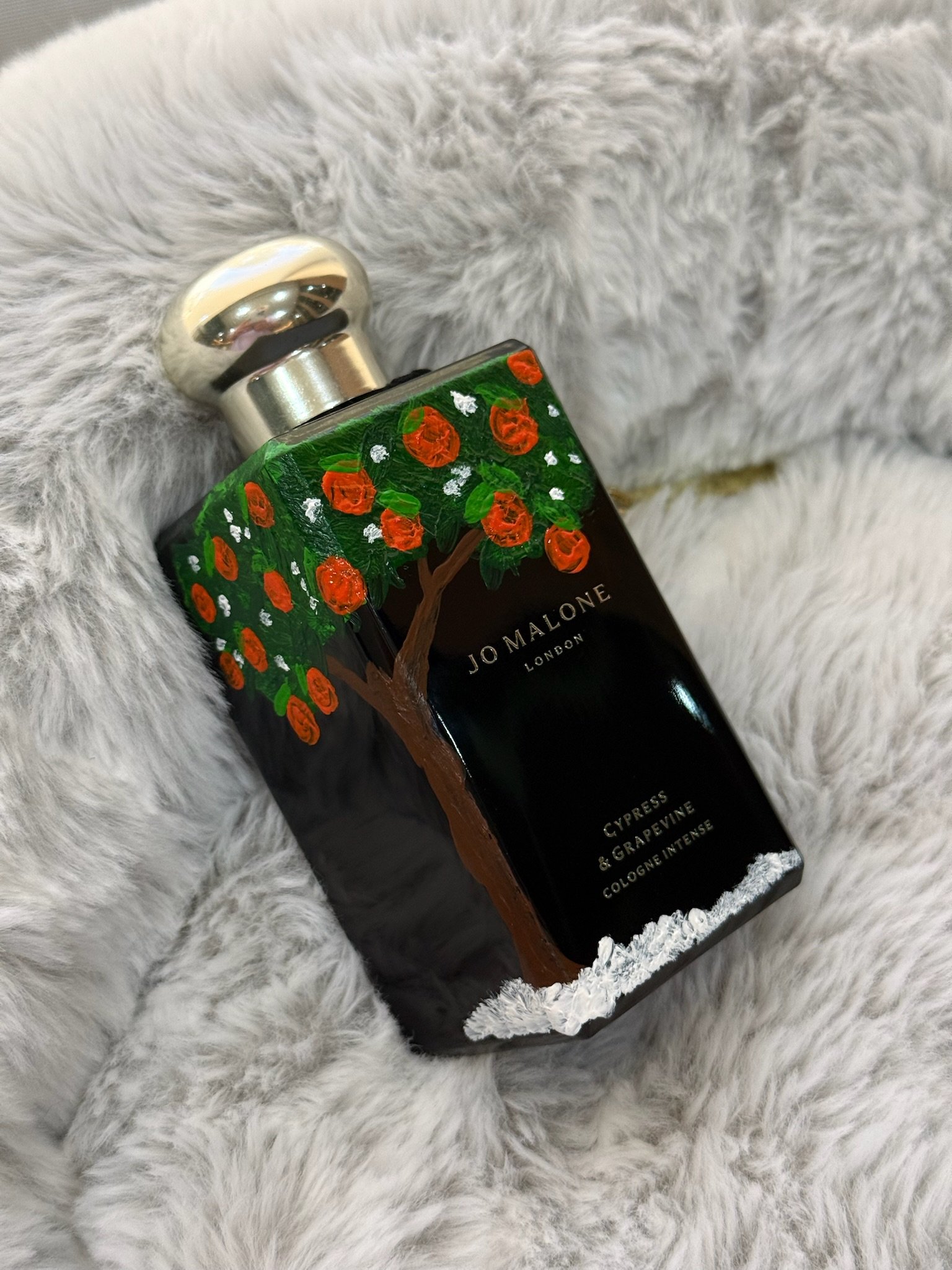 Hand-painted Jo Malone Cypress & Grapevine cologne bottle — Lettering in the Cloud