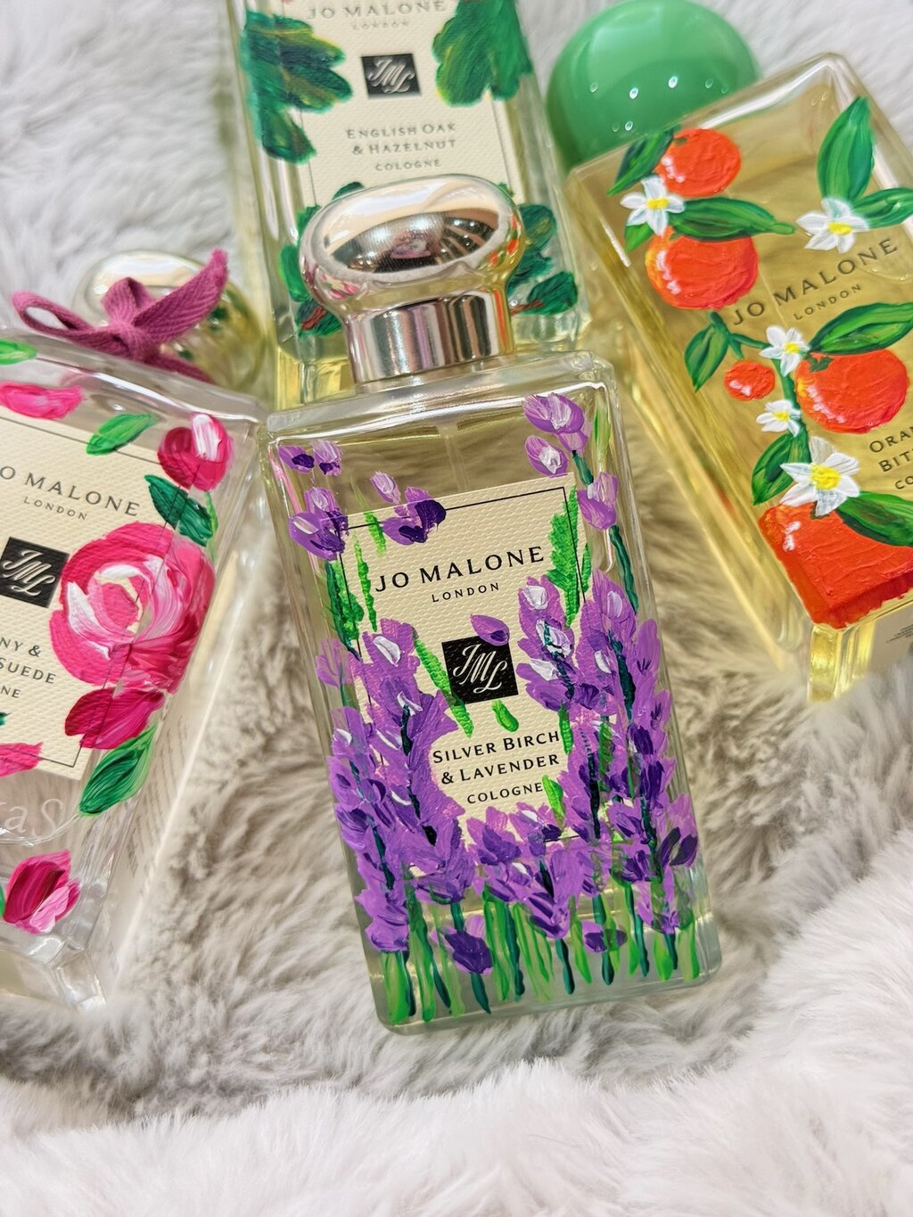 Hand-painted Jo Malone bottles — bespoke commissions